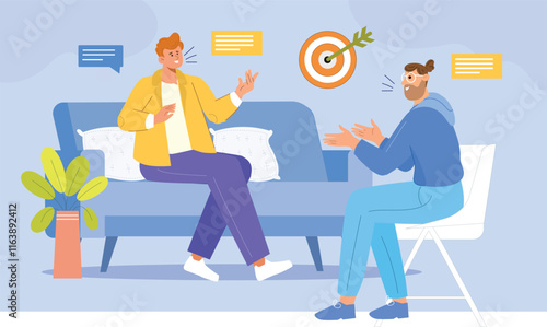 A modern illustration highlighting virtual therapy, showcasing counselors and patients in engaging online sessions with targeted, meaningful discussions.