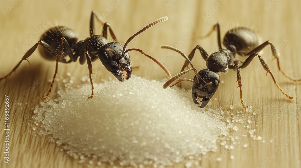 Two ants feeding on a pile of sugar crystals on a wooden surface. Two ants feeding on a pile of sugar crystals on a wooden surface.
