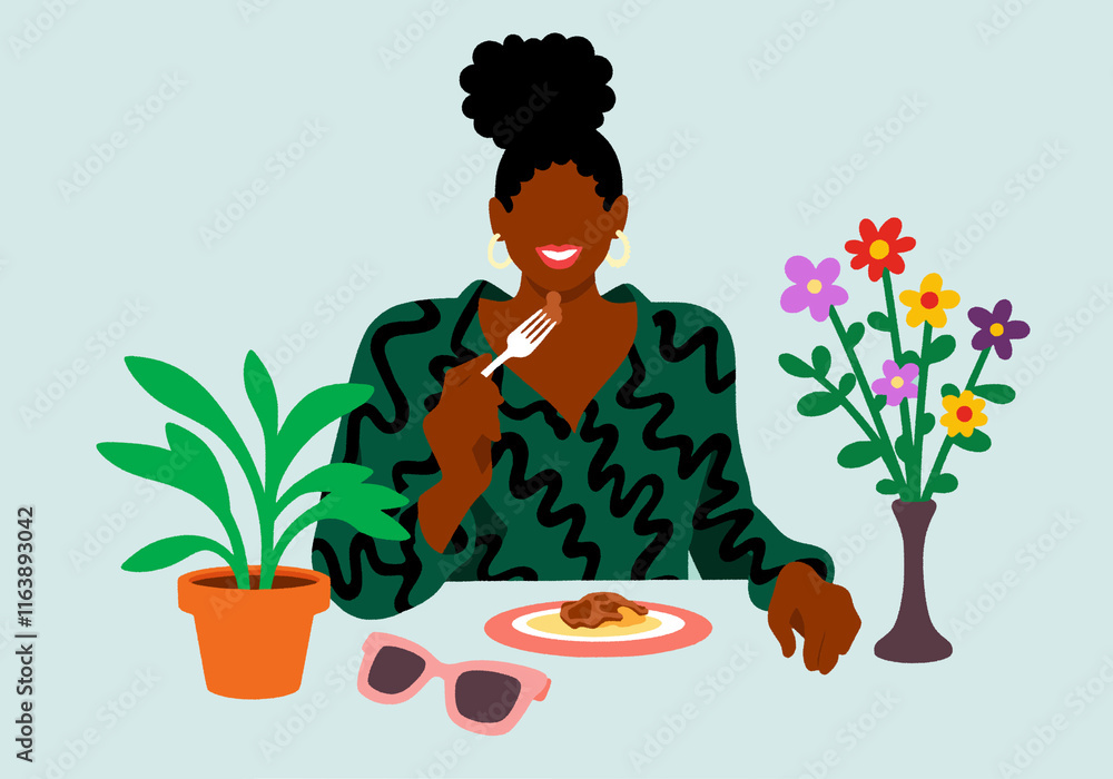Smiling woman having food at table in cafe Smiling woman having food at table in cafe