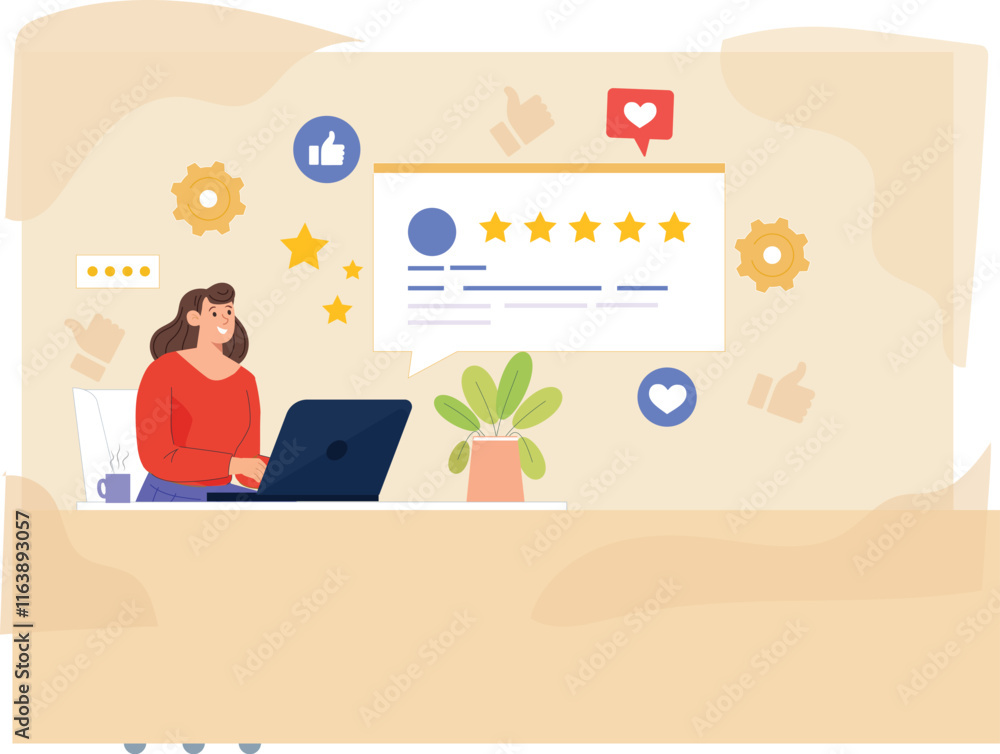 An engaging illustration showcasing an online feedback system, featuring user reviews, analytics, and interactive elements for better user experience. An engaging illustration showcasing an online feedback system, featuring user reviews, analytics, and interactive elements for better user experience.