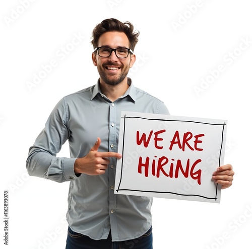businessman holding a we are hiring sign, Job Vacancy announcement, Now Hiring Signage 