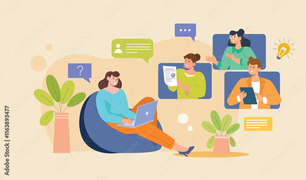 Fototapeta premium A vibrant depiction of personalized online coaching, featuring career guidance sessions, digital tools, and interactive learning environments.