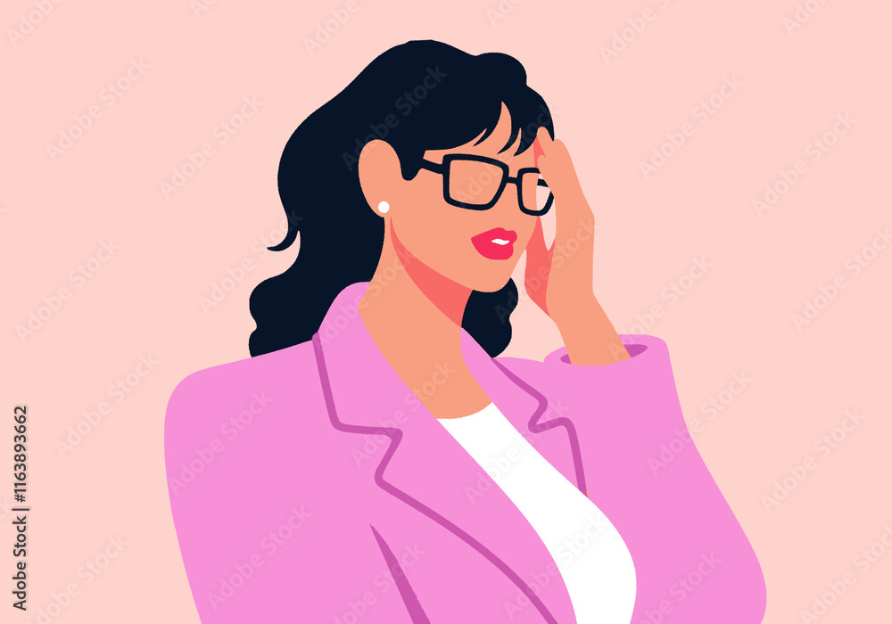 Stressed businesswoman with head in hand against colored background Stressed businesswoman with head in hand against colored background