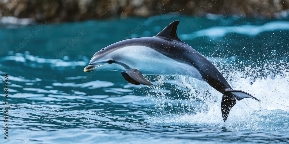 Fototapeta premium A Hectorâ€™s dolphin darting through the water, showcasing its speed and agility.