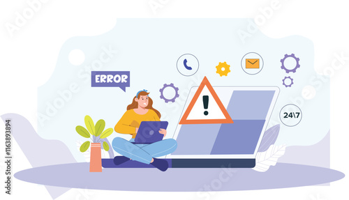A vibrant depiction of website error alerts, showcasing support systems, troubleshooting tools, and engaging visuals for user assistance.