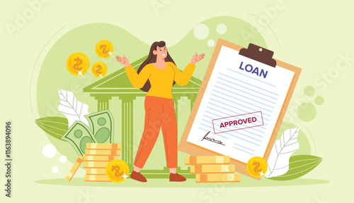 A professional design showcasing approved loan documents with bank symbols, ideal for illustrating streamlined banking processes and efficient financial services.