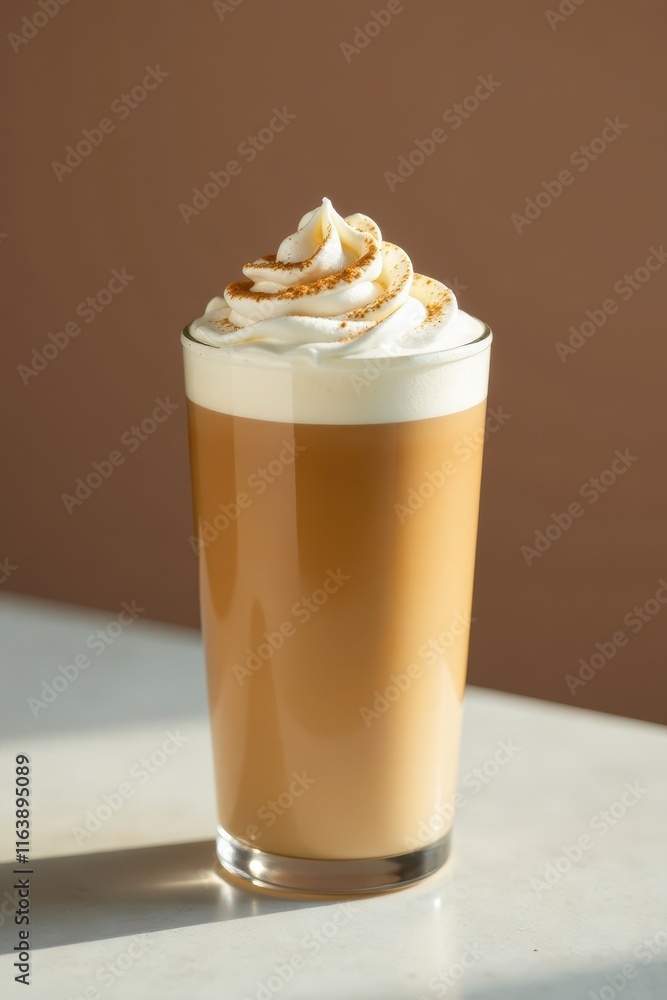 Icy latte with whipped cream and milk foam on a neutral tone, cup, creamy layers, milk foam Icy latte with whipped cream and milk foam on a neutral tone, cup, creamy layers, milk foam