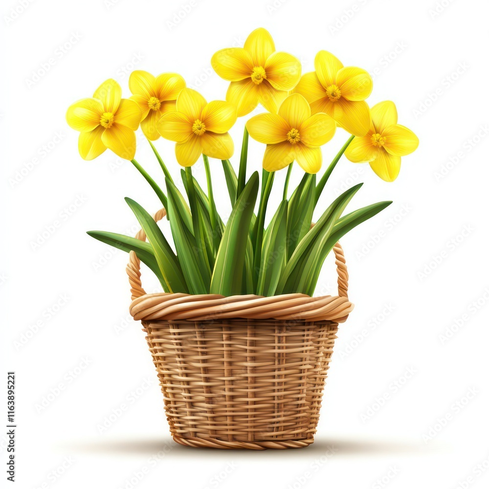 Joyful jonquil with a small basket. vector style art 3d illustration Isolated on White Background Joyful jonquil with a small basket. vector style art 3d illustration Isolated on White Background