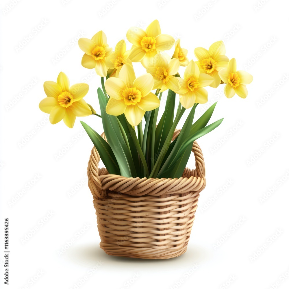 Joyful jonquil with a small basket. vector style art 3d illustration Isolated on White Background Joyful jonquil with a small basket. vector style art 3d illustration Isolated on White Background