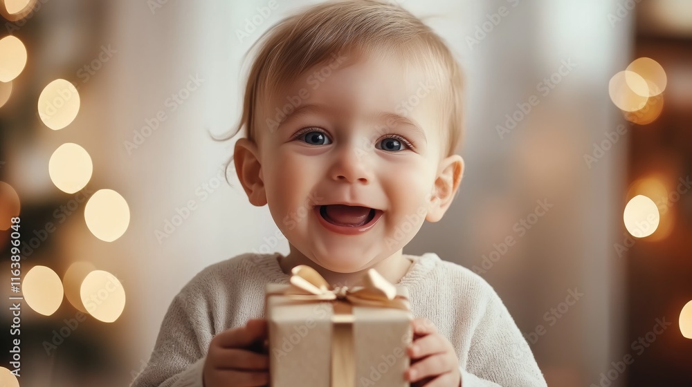 A cheerful young child beams with delight as they hold a charmingly wrapped present in a warm, festive setting filled with glowing lights