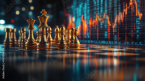 Elegant golden chess pieces are poised on a chessboard while a vibrant stock market graph adds an intriguing backdrop of financial tension