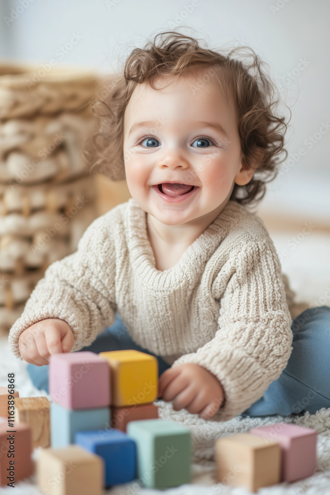 Smiling baby stacking wooden blocks during playtime Smiling baby stacking wooden blocks during playtime
