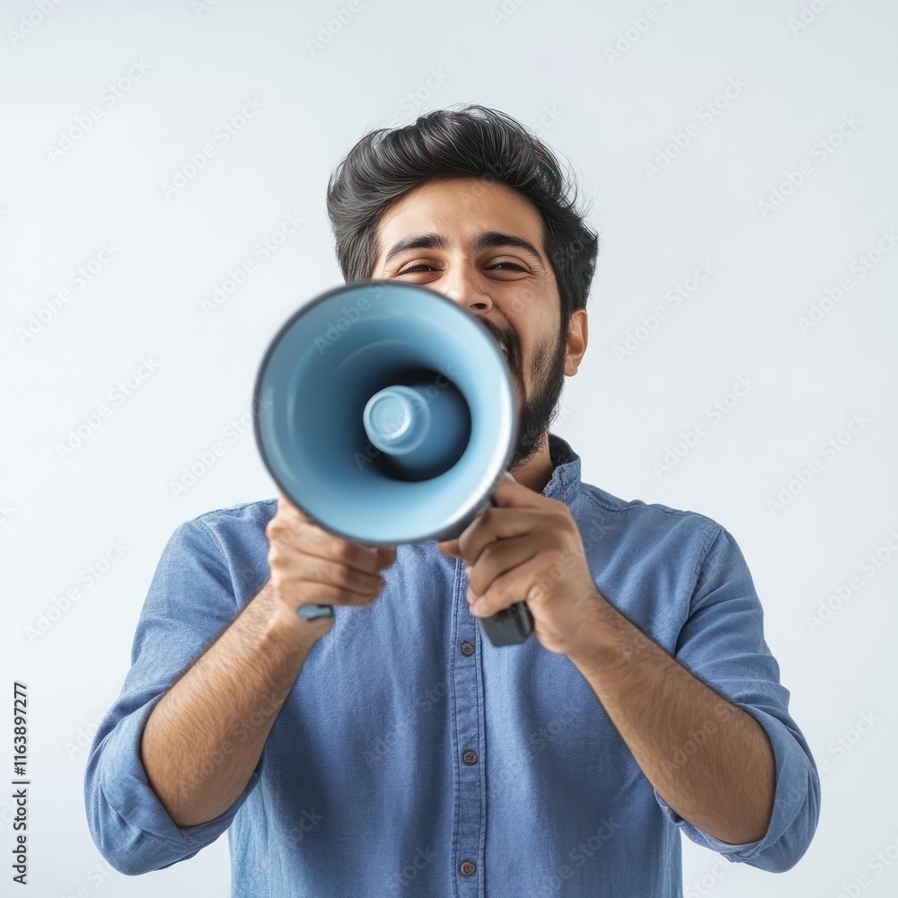 man shouting into megaphone Isolated on White Background Generative AI man shouting into megaphone Isolated on White Background Generative AI