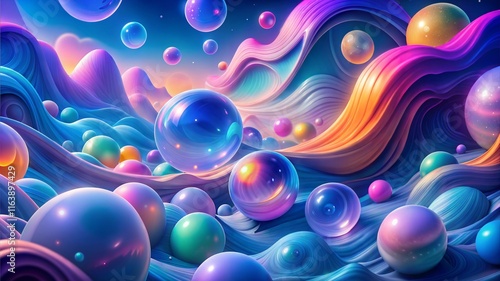 Abstract 3D Art Spheres Wavy Surfaces Iridescent Colors Fluid Dreamlike Surreal Futuristic Design Vibrant Hues Geometric Shapes