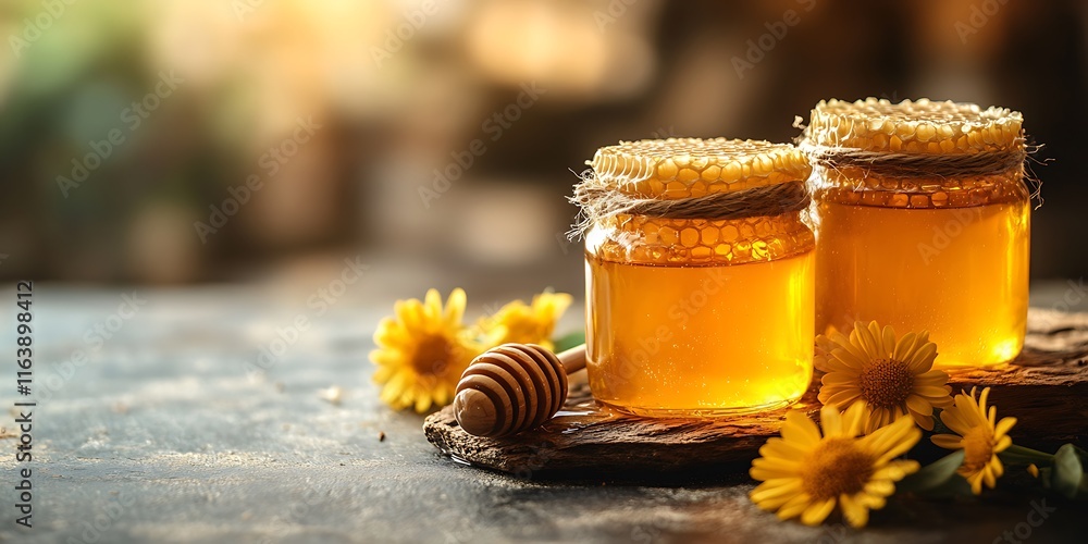 A jar of organic honey on the table against a background of blooming flowers, natural products, bowl, sweet, yellow, golden, apiary, farm, honey A jar of organic honey on the table against a background of blooming flowers, natural products, bowl, sweet, yellow, golden, apiary, farm, honey