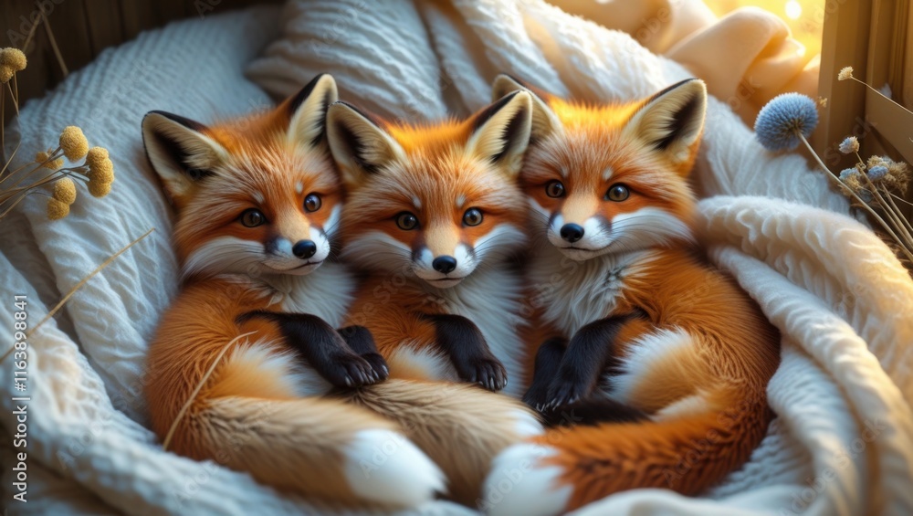 Fototapeta premium Three adorable fox kits, each with fluffy orange fur, white-tipped tails, and bright curious eyes, curled up together in a soft, creamy-white blanket with a subtle texture, nestled in a cozy nook with
