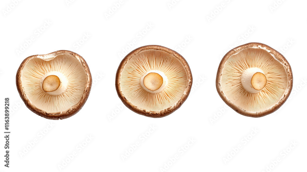 Sliced mushrooms with gills, showcasing their texture and color Sliced mushrooms with gills, showcasing their texture and color