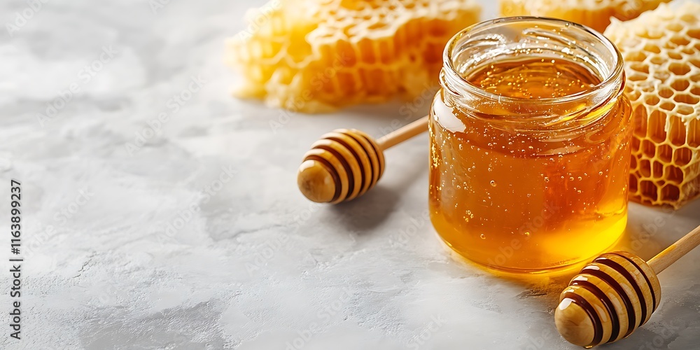 A jar of organic honey on the table against a background of blooming flowers, natural products, bowl, sweet, yellow, golden, apiary, farm, honey A jar of organic honey on the table against a background of blooming flowers, natural products, bowl, sweet, yellow, golden, apiary, farm, honey
