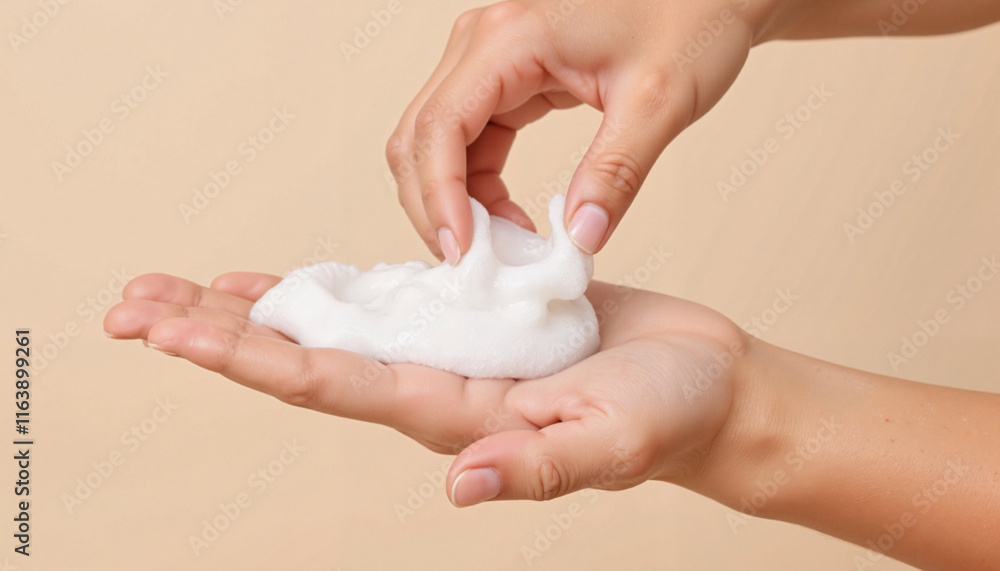 Hands applying foam on palm against a neutral background
