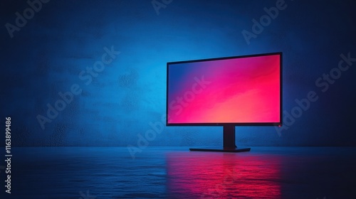 Pink-hued monitor glows in dark blue room.