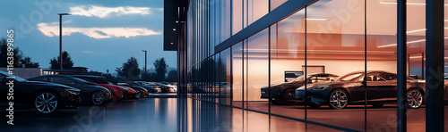 Auto dealership showcasing modern cars in a contemporary glass building  -