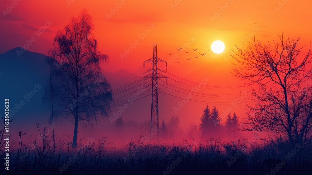 Clarity Hertz Reception style. Vibrant sunset with silhouettes of trees and a power line in a misty landscape. Clarity Hertz Reception style. Vibrant sunset with silhouettes of trees and a power line in a misty landscape.