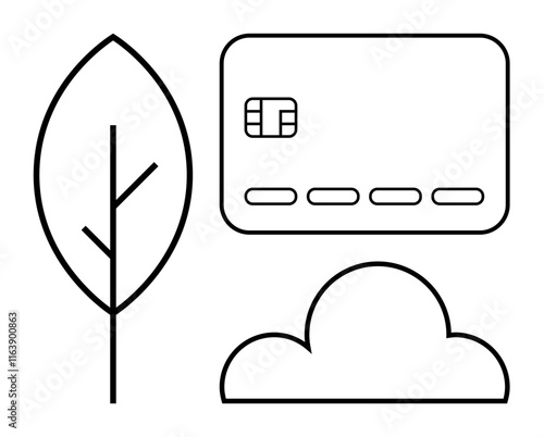 Leaf, credit card, and cloud icon in minimalist, black line style. Ideal for sustainability, finance, technology, digital banking, eco-friendly services cloud computing environmental awareness