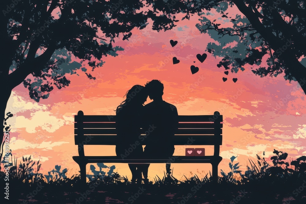 Silhouetted couple sitting on a park bench at sunset with hearts floating in the sky Silhouetted couple sitting on a park bench at sunset with hearts floating in the sky