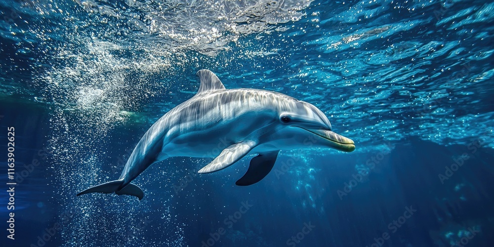Fototapeta premium A playful dolphin swimming under the water, with bubbles surrounding its path.