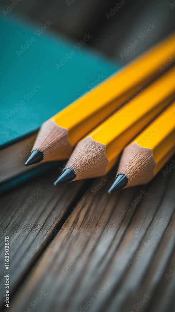 Obraz premium Yellow pencils arranged on a wooden table beside a green notebook for writing and drawing