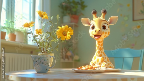 Cheerful animated giraffe enjoying breakfast in sunlit room photo