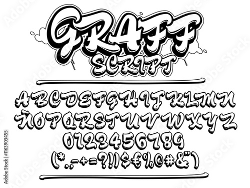Graffiti script font. Uppercase  lettering typeface. Vector alphabet, numbers and glyphs.