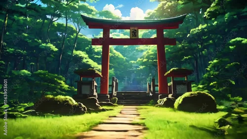A dense forest sacred Shinto shrine. Sunlight streams gaps foliage, area, while fluffy clouds drift overhead, Japanese anime-style 4k lofi hip-hop bites landscape music background animation video A dense forest sacred Shinto shrine. Sunlight streams gaps foliage, area, while fluffy clouds drift overhead, Japanese anime-style 4k lofi hip-hop bites landscape music background animation video