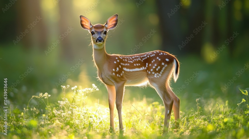Deer Standing in Sunlit Forest Clearing Deer Standing in Sunlit Forest Clearing