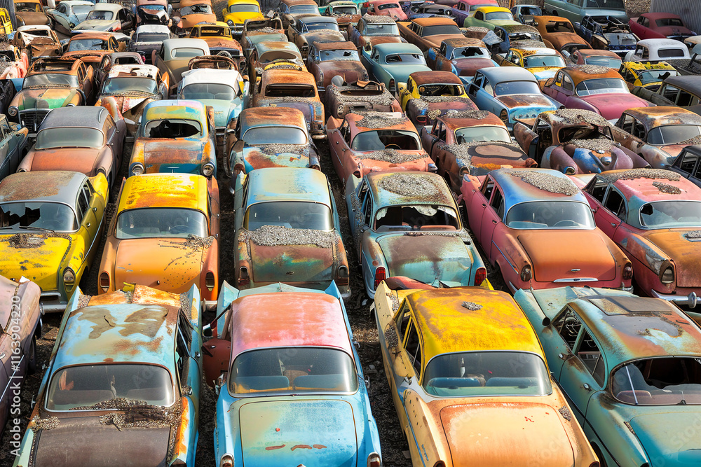 Fototapeta premium A large junkyard filled with rusted and decaying vintage cars, abandoned to nature's elements.