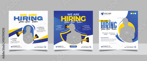 Social media hiring job vacancy digital marketing post banner template set. Business we are hiring employee square flyer design.