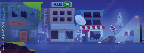 Abandoned destroyed cityscape with people ghosts at night vector illustration, cartoon broken mall, building apocalypse