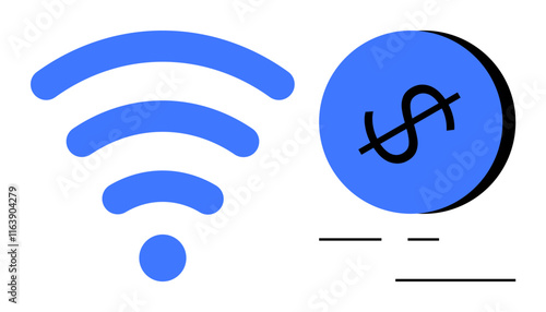 wireless signal and dollar coin in blue suggest a connection between internet access and financial transactions. Ideal for tech, finance, connectivity, digital economy, online payments, internet