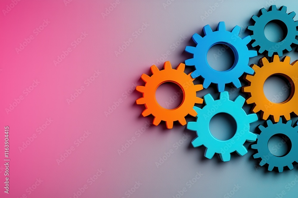 Abstract interlocking colorful gears coming together, representing unity in collaboration, on a gradient background with a designated copy space