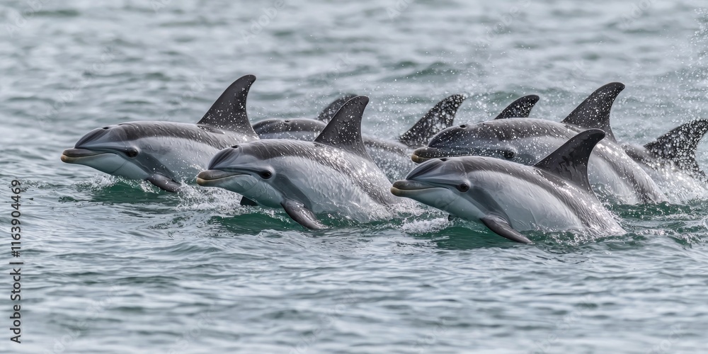 A pod of Hector’s dolphins swimming together in the ocean, displaying their social behavior. A pod of Hector’s dolphins swimming together in the ocean, displaying their social behavior.