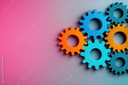 Obraz na płótnie Abstract interlocking colorful gears coming together, representing unity in collaboration, on a gradient background with a designated copy space w salonie