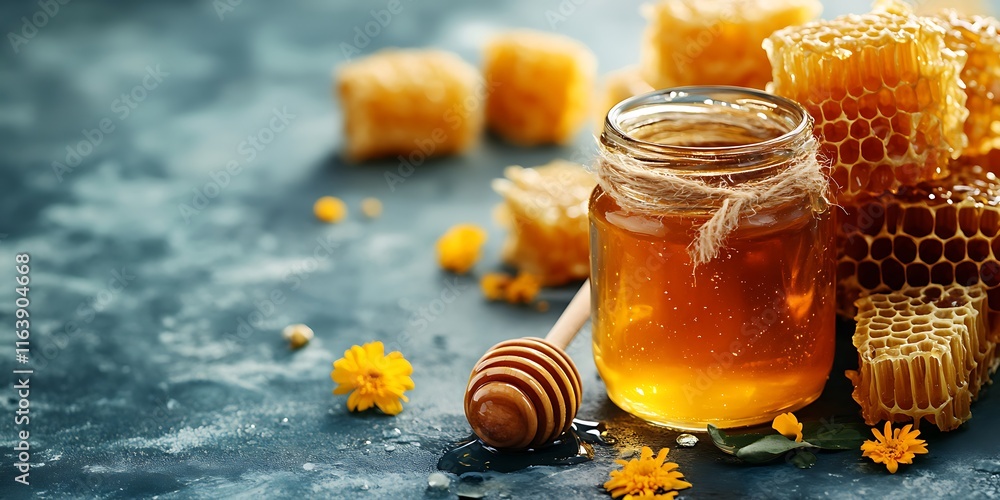 Fresh honey in a glass jar with a wooden honey dipper