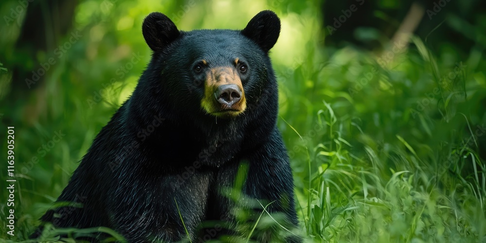 A powerful black bear fishing near a river, surrounded by dense forest greenery. A powerful black bear fishing near a river, surrounded by dense forest greenery.
