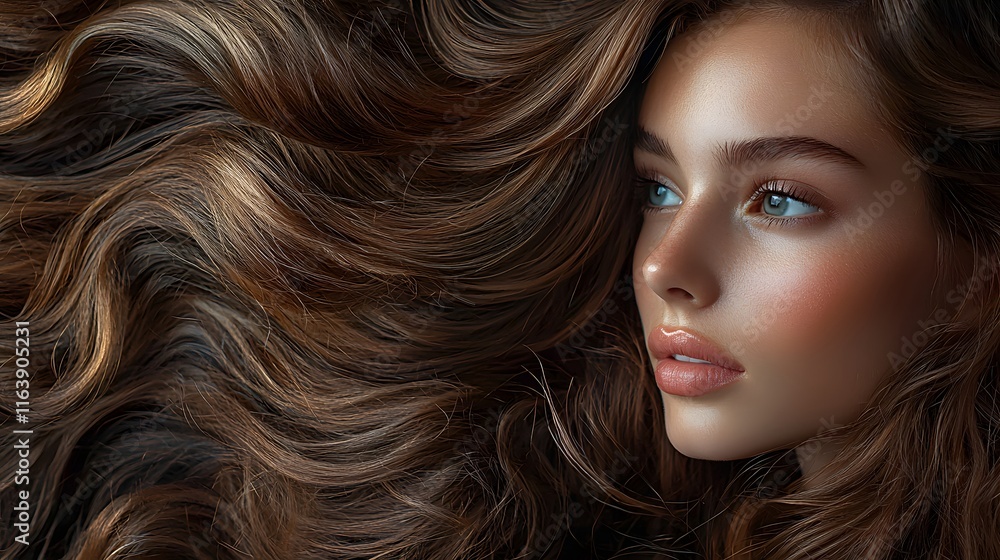 Obraz premium Portrait of a Beautiful Woman with Long Brown Hair Radiating Confidence and Graceful Elegance in a Soft Natural Light Setting Emphasizing Her Beauty