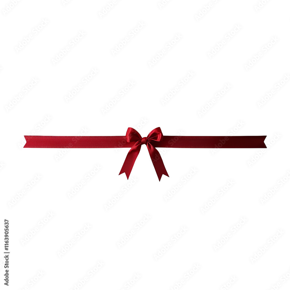 Long horizontal red ribbon with a neatly tied bow, isolated on a transparent background. Elegant decorative element for gifts, celebrations, or festive designs, Generative AI