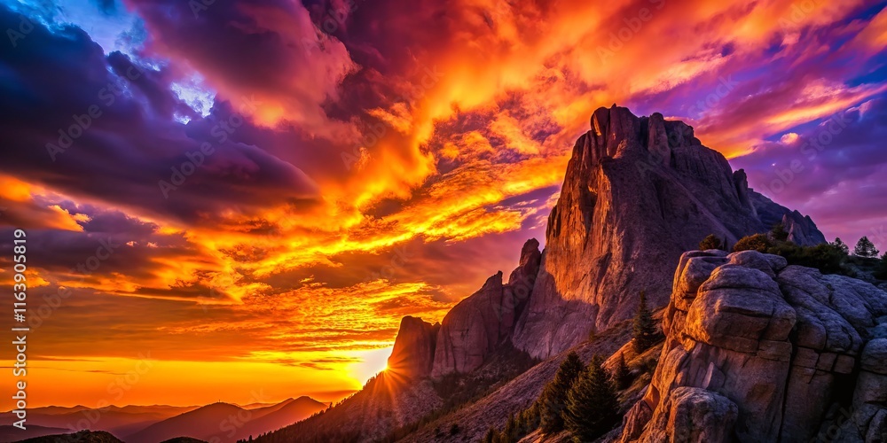 Fototapeta premium Majestic Rock Wall Mountain Silhouette at Sunset - Dramatic Landscape Photography