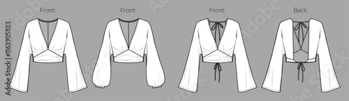 Vector woman winter top with gathered front and long sleeves fashion CAD, wrap V neck blouse technical drawing, template, flat, sketch. Jersey or woven fabric dress with front, back view, white color