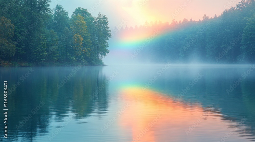 Misty lake, rainbow reflection, tranquil forest. Misty lake, rainbow reflection, tranquil forest.