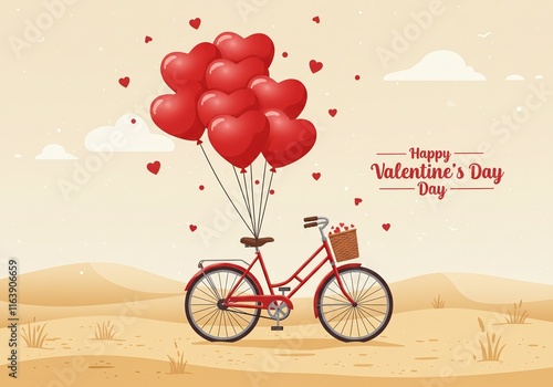 Valentines day card featuring red bicycle with heart balloons in serene beige field photo