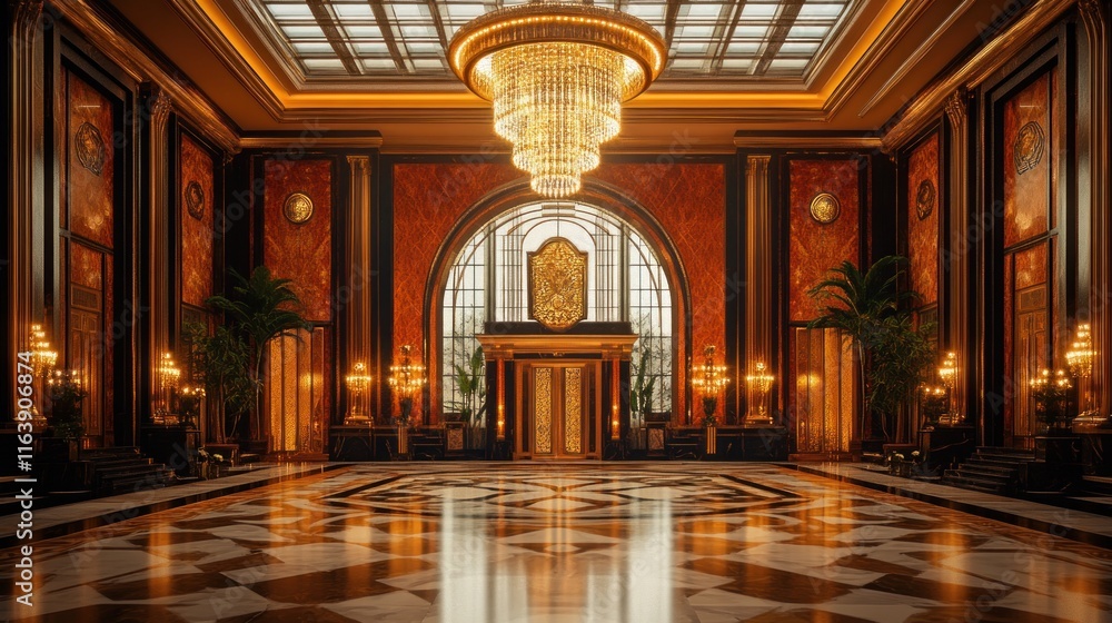 Fototapeta premium Grand opulent hall, marble floor, golden chandelier.